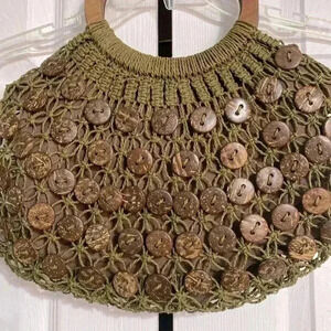Blue Miami green macrame & dark brown button design crochet purse